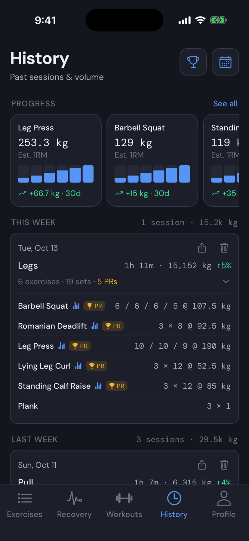 MuscleOS History screen
