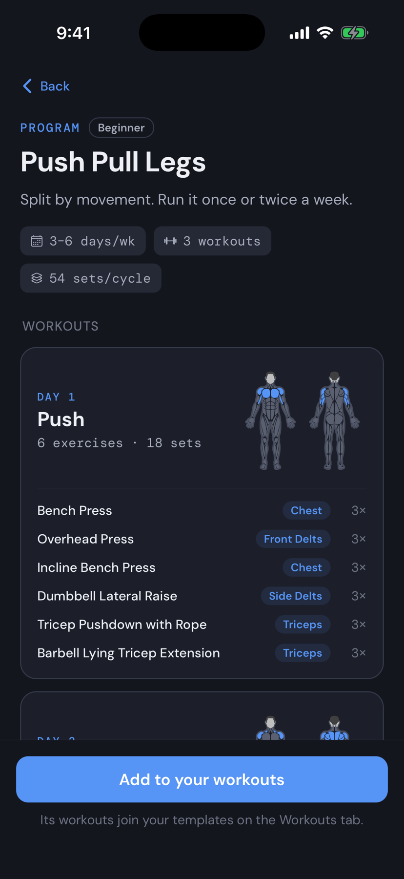 MuscleOS program overview — Push Pull Legs with its workouts and exercises