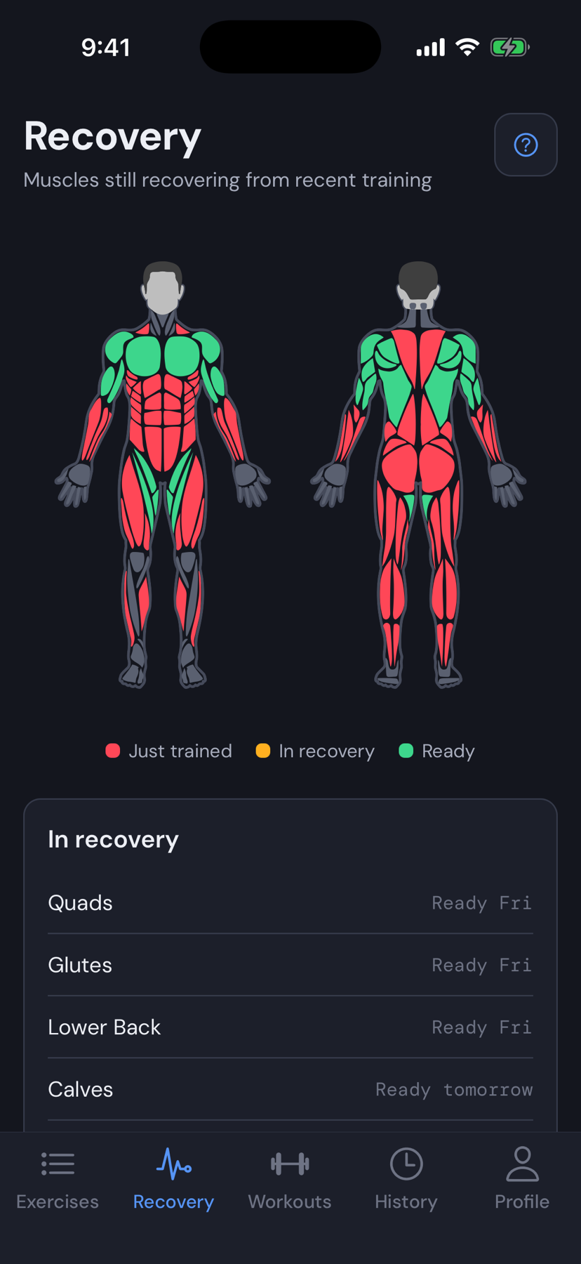 MuscleOS Recovery screen