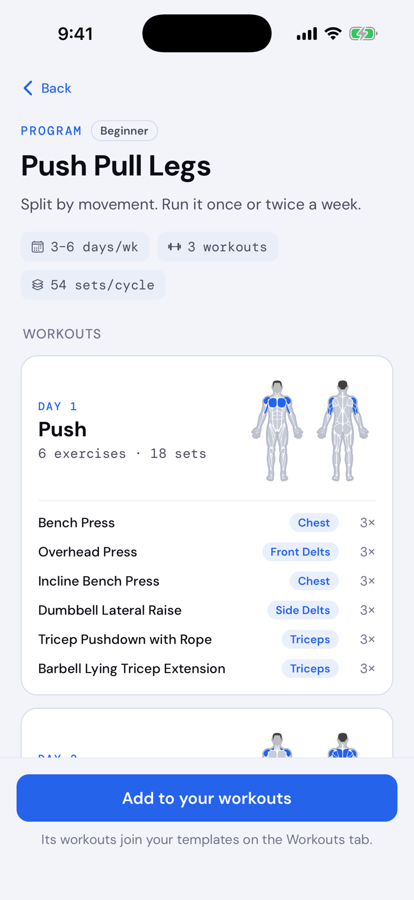 MuscleOS program overview — Push Pull Legs with its workouts and exercises