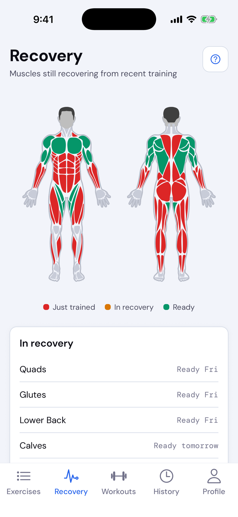 MuscleOS Recovery screen